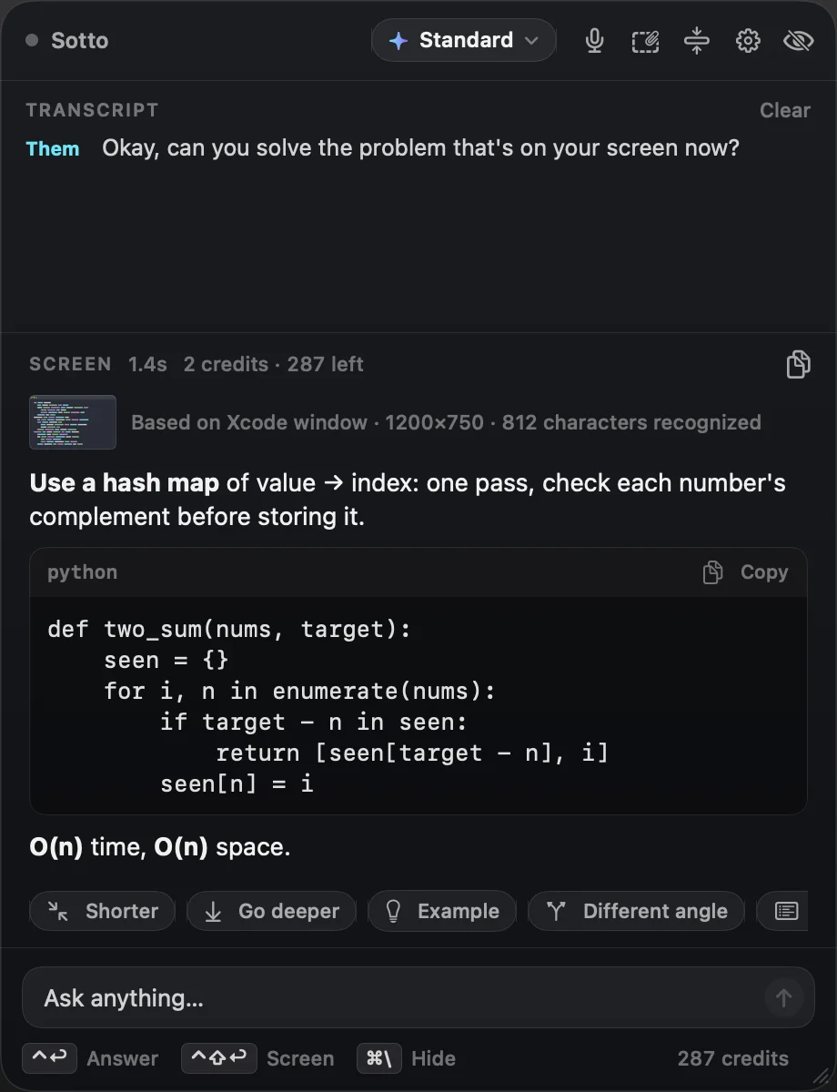 Sotto’s overlay after a screen analysis of a coding problem: it suggests a hash map, with Python code and the time and space complexity.
