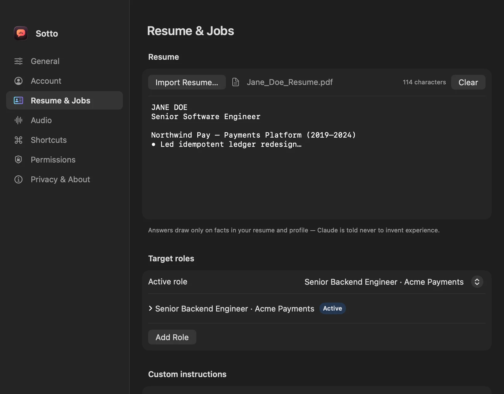 Sotto’s Resume & Jobs settings: an imported resume, the active target role, and the note that answers draw only on facts in your resume and profile.